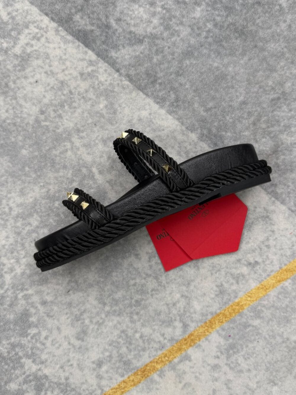 Women's Black Studded Slide Sandals, Gold Pyramid Stud Flat Sandals - Picture 8 of 11